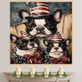 Boston Terrier Mother with Two Puppies in Patriotic Hats and Starry Outfits Against Rustic Americana Backdrop on Ready to Hang 1.5" Thick Canvas Wrap, Floating Framed Canvas, Flat Rolled Canvas